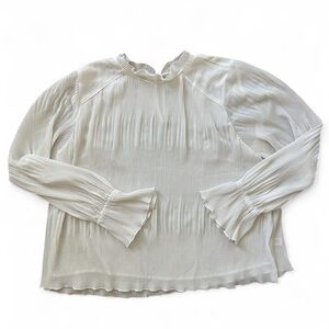 Melograno Rico Pleated Crepe Long-Sleeve Ruffle Neck Top